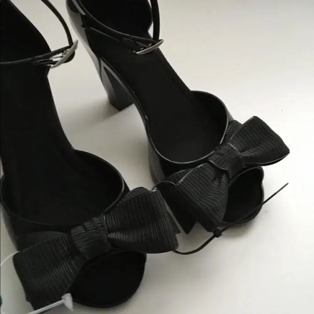 Zaxy Diva Top II Black Bow Heels Sandals Size 5 (Fits 6) Made in Brazil NWT